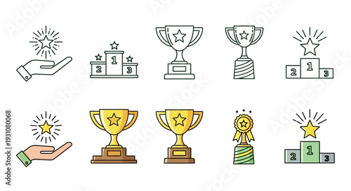 A collection of award icons including trophies and medals, presented in a simple and modern style, set against a clean white background, viewed from a straightforward perspective.