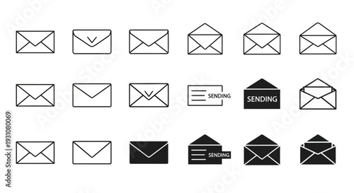 Collection of envelope icons in various designs and styles displayed on a clean background from a straightforward viewpoint