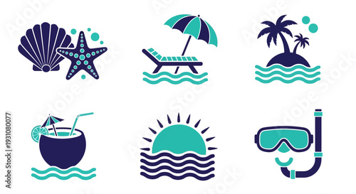 Collection of beach-themed icons featuring seashell, starfish, lounge chair, umbrella, palm tree, coconut drink, sun, and snorkeling gear in a serene ocean setting from a direct overhead viewpoint