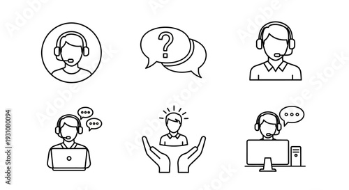 A collection of simple line icons representing customer service and communication, featuring headsets and speech bubbles, set against a clean white background from a straightforward viewpoint.