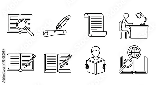 A collection of icons representing education and research with a person studying at a desk viewed from the front in a minimalist style