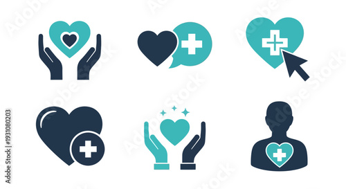 A collection of healthcare and love icons representing care and support in a digital environment viewed from a straightforward perspective.