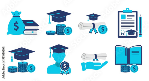 Graduation ceremony icons representing academic achievements and financial aspects in a modern flat design style