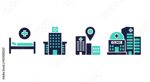 Cityscape Hospital Icons Representing Healthcare Services and Medical Facilities in Modern Urban Landscape from Aerial Viewpoint