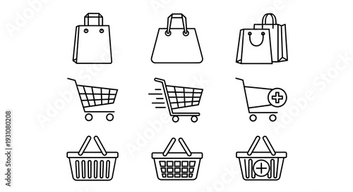 Collection of shopping bags and baskets icons in various styles and designs, showcasing different shopping cart illustrations from various viewpoints.