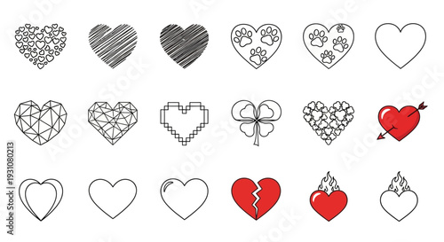 Collection of diverse heart illustrations showcasing various styles and emotions, from simple line drawings to complex patterns, in black and red, displayed together on a clean background 