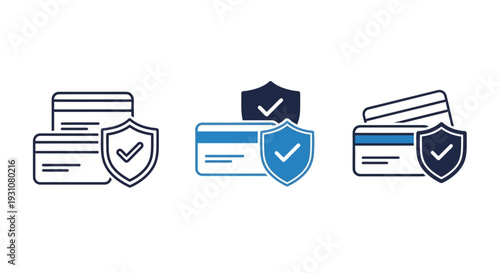 Secure documents and credit cards illustration featuring shield icons and verification symbols