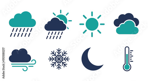 Assorted weather conditions icons showcasing various elements like rain, clouds, sun, wind, snowflake, and moon in a clean and simple design