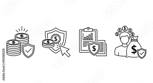 Financial security icons illustrating protection and management of monetary assets in a modern digital environment from a straightforward viewpoint