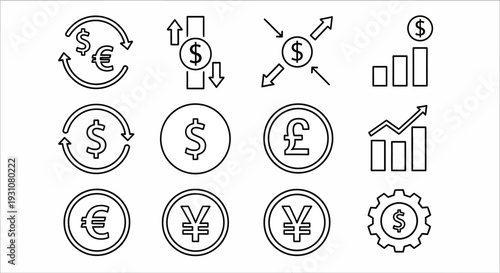 Various currency symbols and financial icons displayed together in a grid layout illustrating global monetary concepts and financial data
