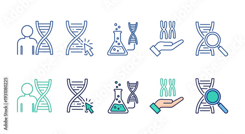 Collection of simple DNA icons representing genetic research and discovery in molecular biology, depicted in a clean and minimalist style