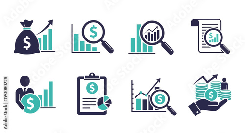 Financial analysis icons set, illustrating business and economic concepts through graphics and charts, viewed from a straightforward perspective in a digital illustration style
