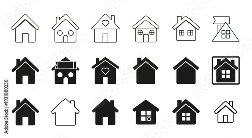 Collection of various house icons in different styles and designs on a clean background