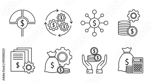 Financial icons collection illustrating various monetary concepts and transactions in a simple line art style from a straightforward viewpoint