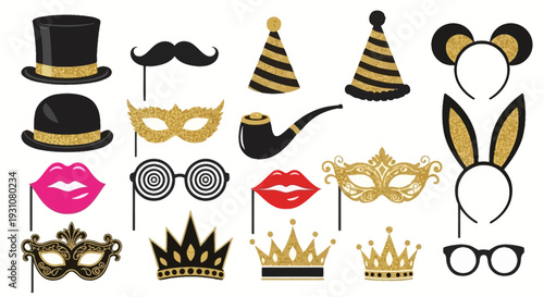 Collection of assorted party accessories and props including hats, masks, and glasses on a neutral background displayed from a straightforward viewpoint.
