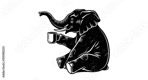 Elephant enjoying a hot beverage in a mug.
