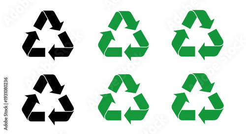 Collection of recycling symbols in black and green arranged in a grid pattern on a neutral background viewed from directly above