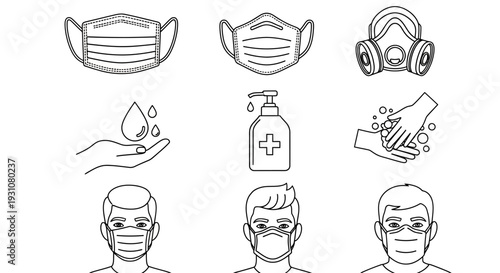 Illustrations of people wearing face masks and protective gear, with hygiene icons and hand sanitizer, symbolizing health and safety precautions