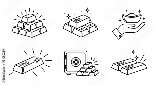 Illustration of gold bars and treasures in various settings and viewpoints showcasing wealth and luxury