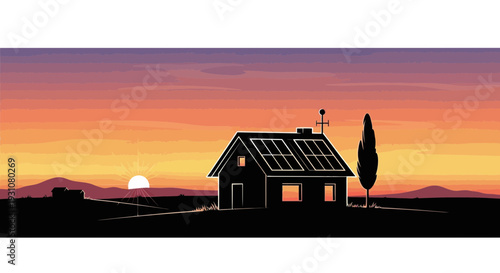 Sustainable home silhouette with solar panels under a breathtaking gradient sunset sky