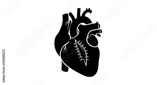 Stylized human heart icon with visible stitches representing surgical recovery and cardiac healing