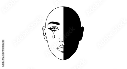 Emotional duality portrayed through a minimalist black and white face with a single tear flowing