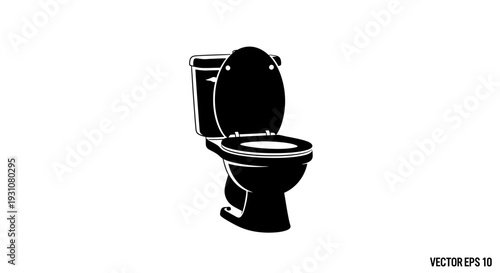 A classic monochrome vector illustration of a modern toilet with its lid raised showcasing