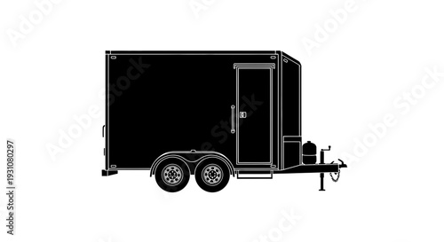 Black silhouette vector illustration of an enclosed utility cargo trailer with side door and hitch