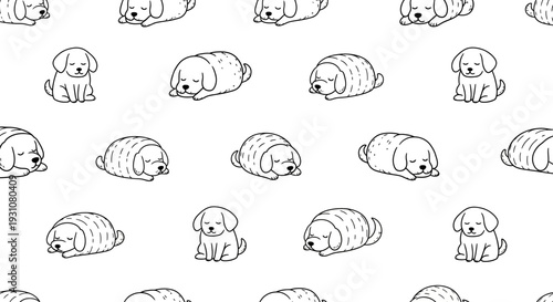 Cute puppy seamless pattern, hand-drawn doodle dogs, adorable pets, playful and sleepy