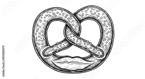 Hand-drawn pretzel sketch with salt crystals on white background