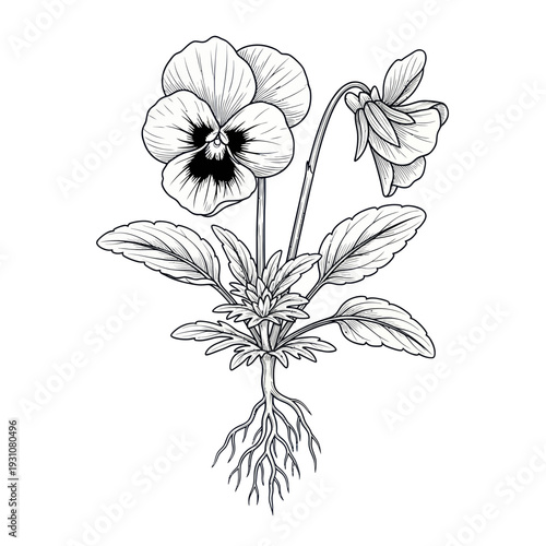 Pansy Flower Plant Illustration with Roots and Leaves, Black and White Line Art
