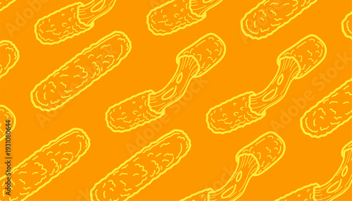Mozzarella cheese stick pattern. Vector hand drawn illustration. Fried snack food background. Seamless cheese pull texture. Crispy breaded appetizer design. Fast food wallpaper graphic.