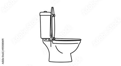 Minimalist line art illustration of a modern toilet with raised seat and lid in a clear side view
