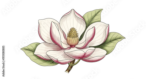 Elegant botanical illustration of a blossoming magnolia flower with soft white and pink petals and