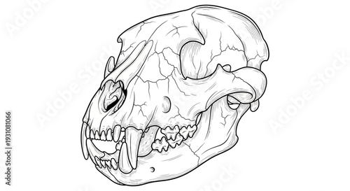 Detailed black and white illustration of a predatory animal skull showcasing intricate bone