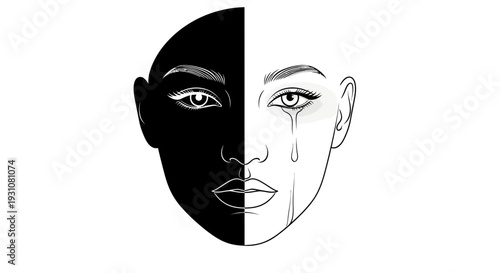 A striking black and white portrait illustrating emotional duality and inner turmoil with a single