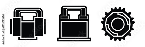 Abstract industrial elements: conveyor, press machine and gear wheel