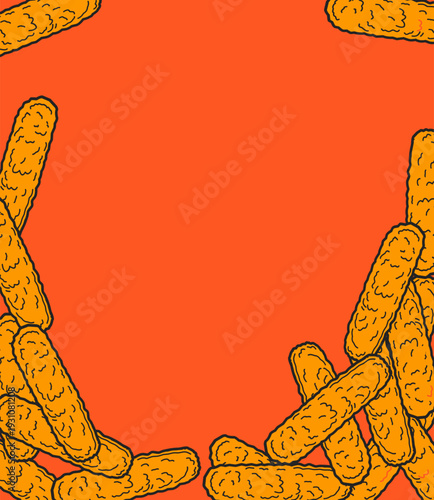 Mozzarella cheese stick background. Vector hand drawn illustration frame. Fried snack food background. Seamless cheese pull texture. Crispy breaded appetizer design. Fast food wallpaper graphic.