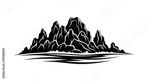 Dramatic black and white vector illustration depicting a rugged mountain range over stylized water