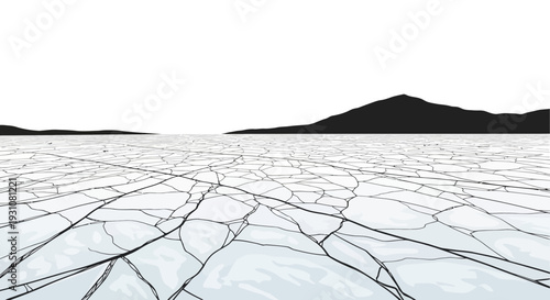 Expansive frozen landscape with intricate ice cracks extending toward distant silhouetted mountains