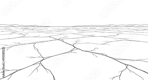 Stylized illustration of a parched earth with intricate crack patterns stretching towards a
