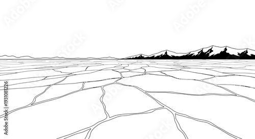 Vast monochrome landscape depicting cracked earth extending towards a rugged mountain range under