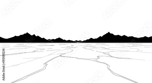 Minimalist cracked terrain leading to distant jagged mountain silhouettes under a vast blank sky
