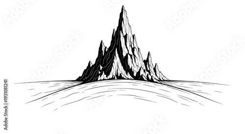 Striking black and white illustration of majestic jagged peaks rising from a desolate expanse