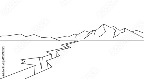 Minimalist outline of a fractured landscape with distant rugged mountains under a clear sky