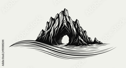 Dramatic monochromatic illustration of a rugged sea stack with a natural ocean cave arch and