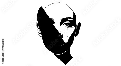 Bold monochrome graphic illustrating the duality of human emotion with shadow and a teardrop