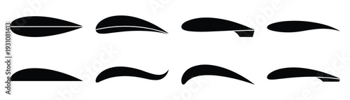 Airfoil profile set, diverse wing cross-sections in black silhouette for aerodynamic design and aviation engineering