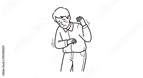 Line drawing of a man expressing sadness and internal unease with trembling hands