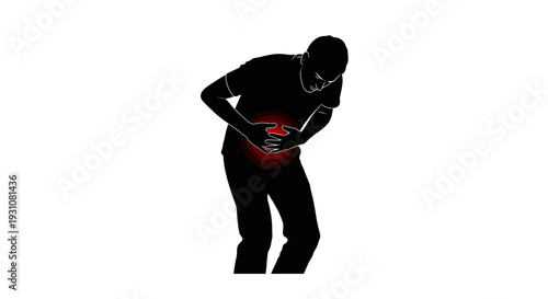 Monochromatic silhouette of a person gripping their stomach, indicating severe discomfort and